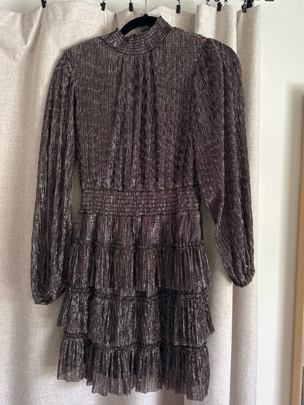 Metallic Ruffle Tiered Mini Dress in Dark Pewter